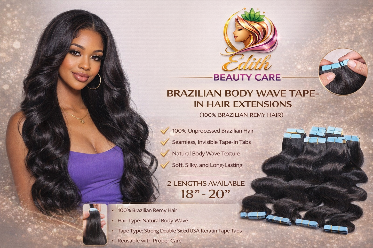 Brazilian Body Wave Tape-In Human Hair Extensions (100% Unprocessed)