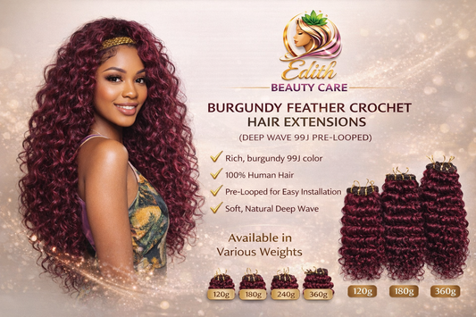 Burgundy Feather Crochet Human Hair Extensions (Deep Wave 99J Pre-Looped)