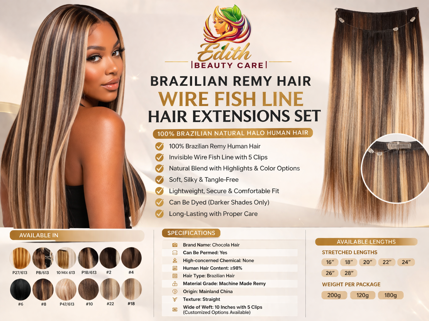 Brazilian Remy Wire Fish Line Human Hair Extensions (Halo Set)