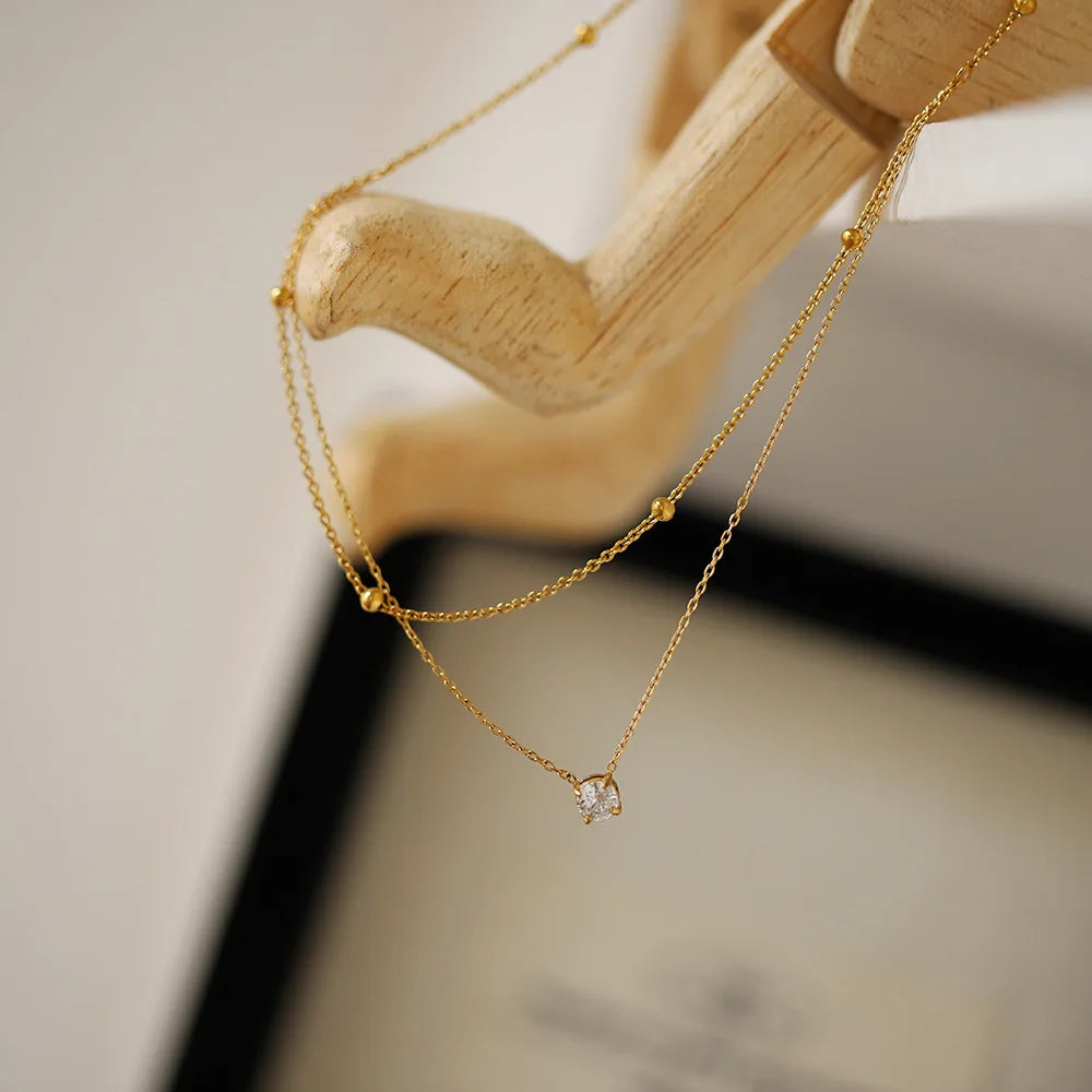 Dainty Double Layer Zirconia Pendant Necklace (Waterproof, Gold Plated