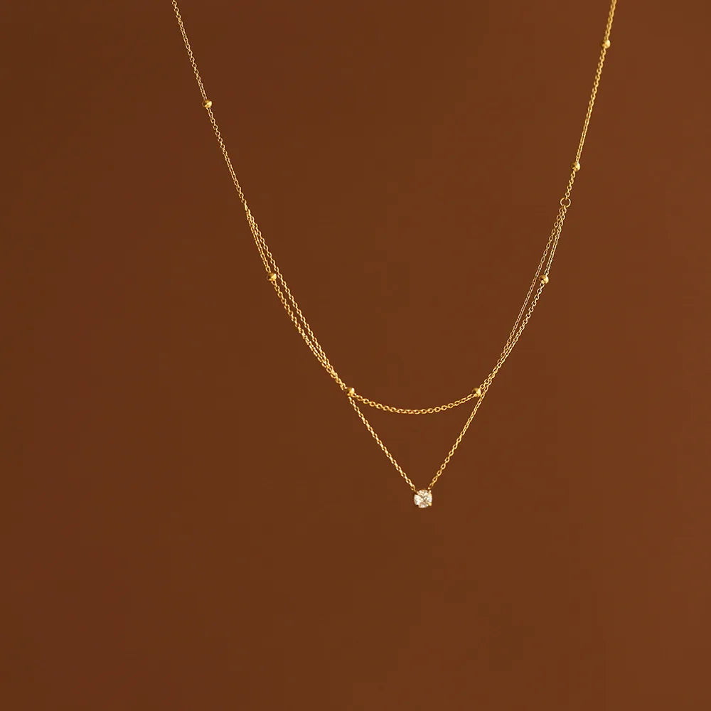 Dainty Double Layer Zirconia Pendant Necklace (Waterproof, Gold Plated