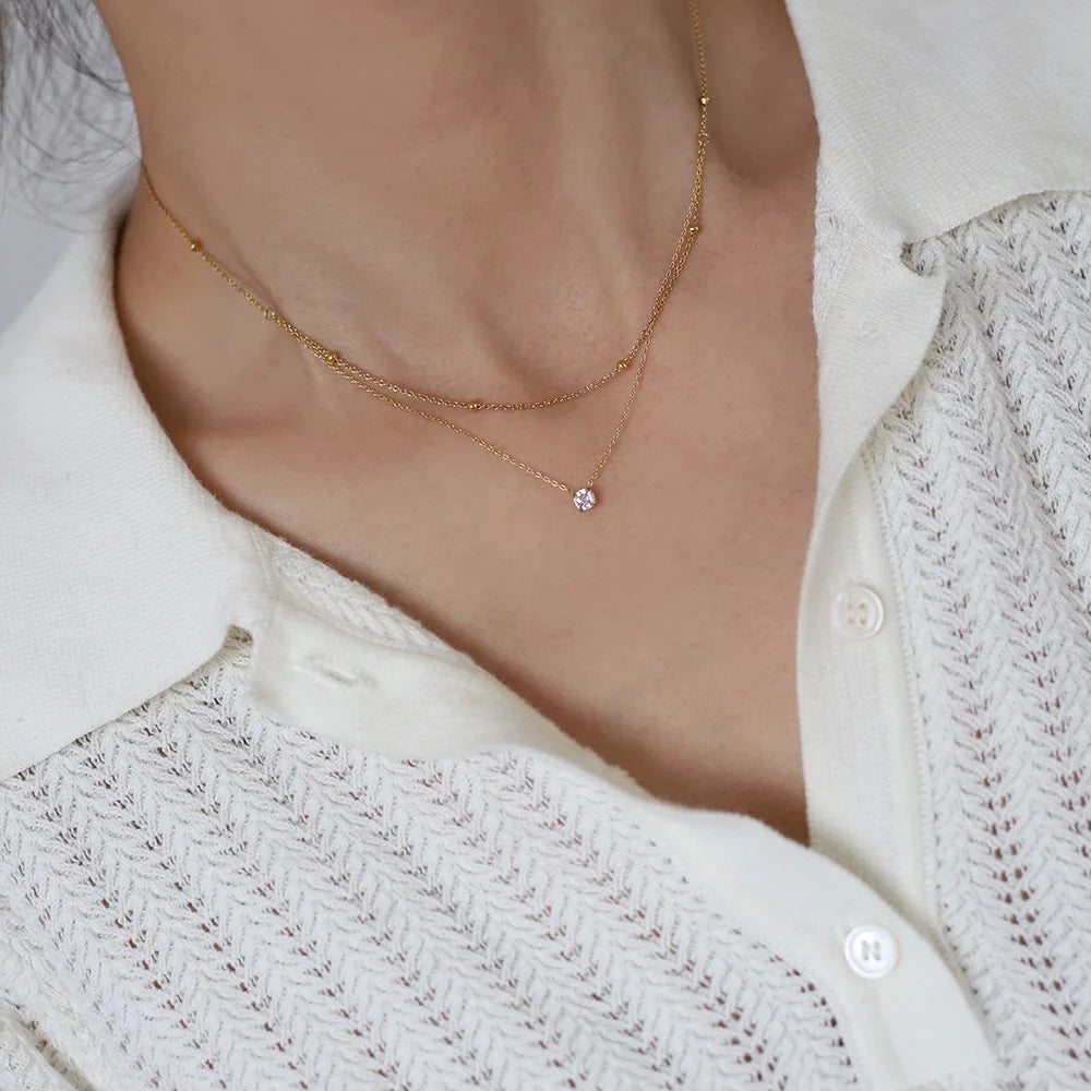 Dainty Double Layer Zirconia Pendant Necklace (Waterproof, Gold Plated