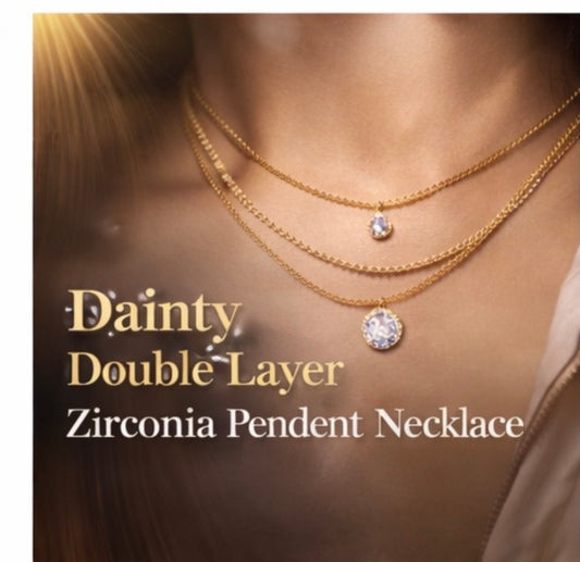 Dainty Double Layer Zirconia Pendant Necklace (Waterproof, Gold Plated