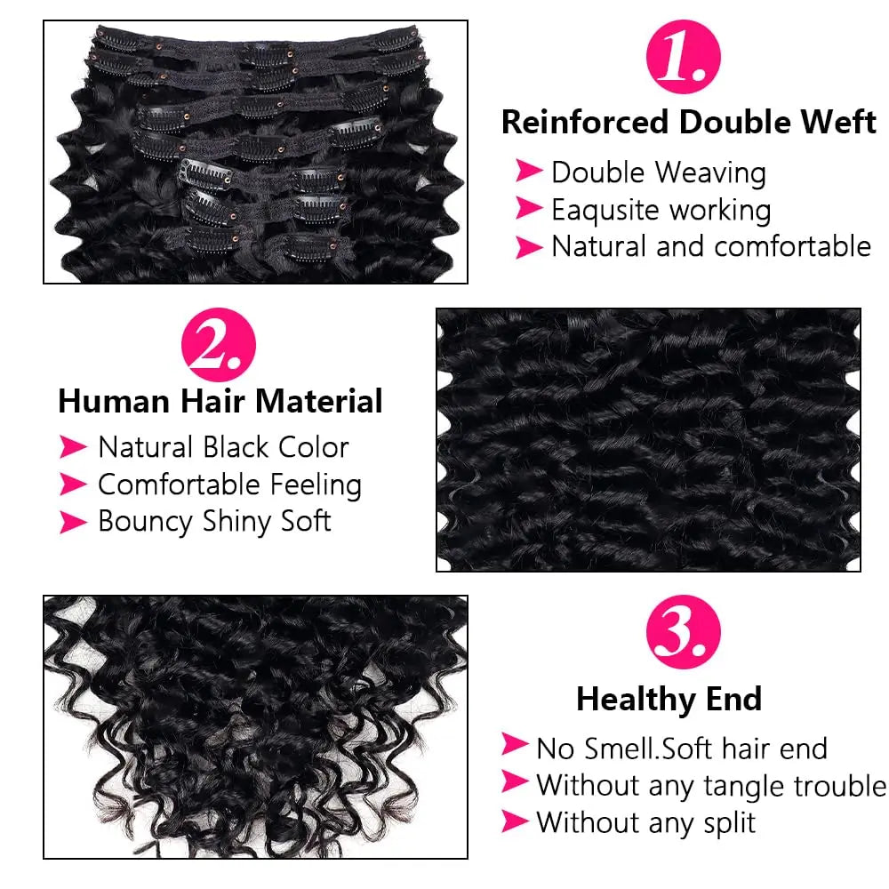Deep Wave Clip-In Human Hair Extensions (Brazilian Remy Hair)