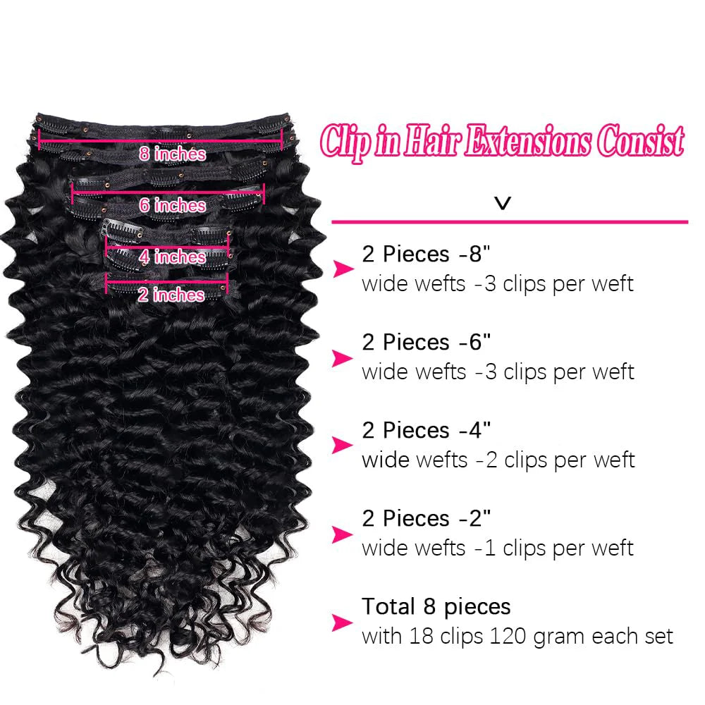 Deep Wave Clip-In Human Hair Extensions (Brazilian Remy Hair)